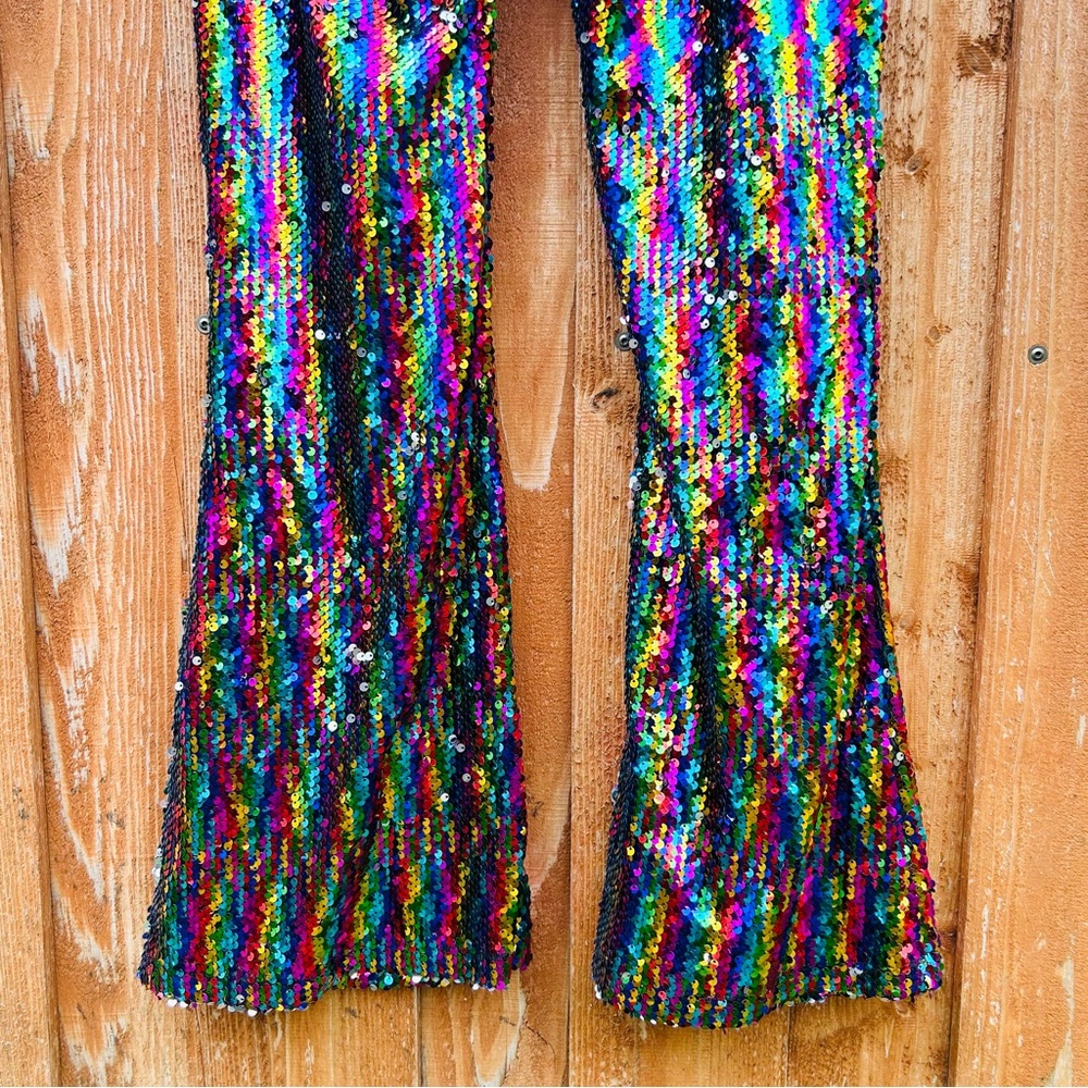 SUGARLIPS Rainbow Sequin Wide Leg Flare Pants Party Shimmer Glitter Size S - Picture 4 of 8